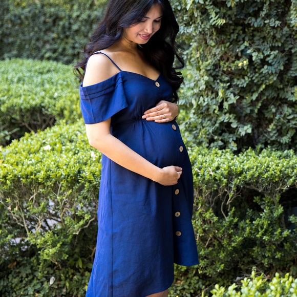 Navy open shoulder maternity dress sz sm - Picture 2 of 2